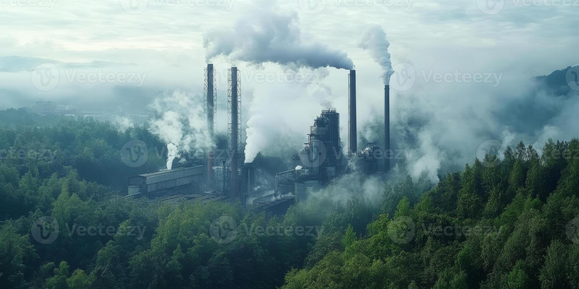An industrial plant emits thick, dark smoke into the atmosphere, creating a stark contrast with the lush green forest nearby, which highlights the urgent environmental issues that we face today photo