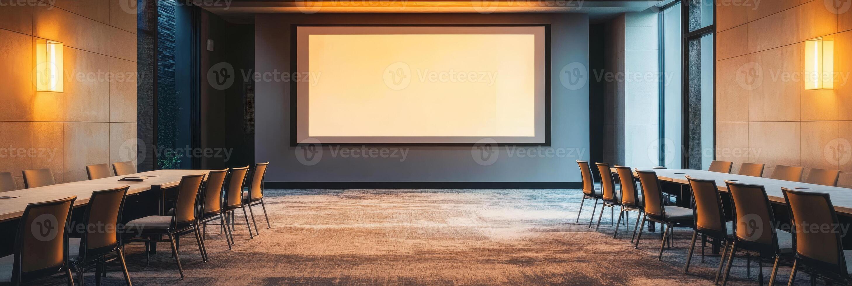 This stylish conference room is perfect for business presentations and brainstorming, offering a large projection screen, comfortable seating, and an effective meeting environment photo