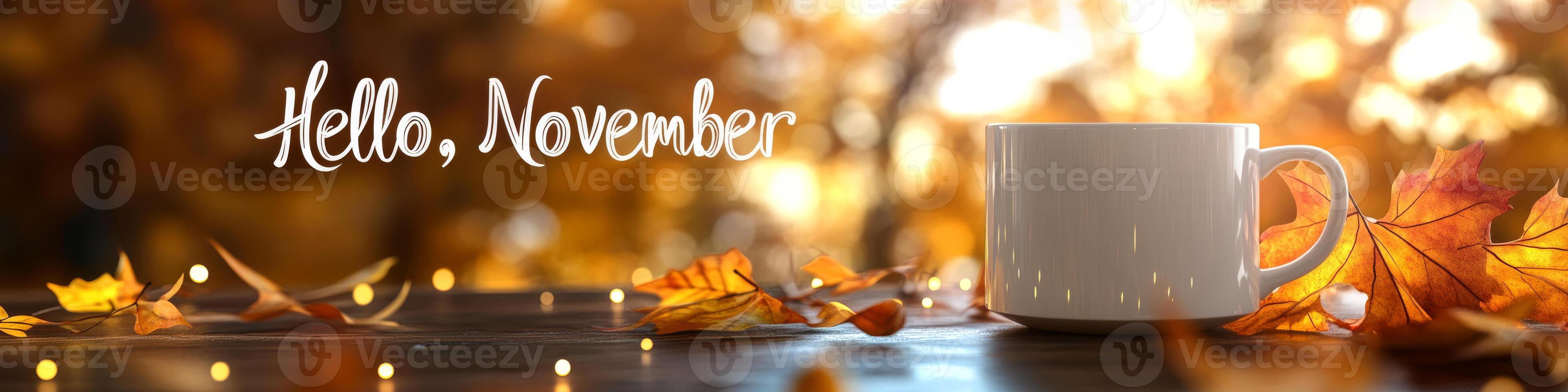 Indulge in the Cozy November Vibes, Sipping on Warm Coffee While Surrounded by Autumn Leaves photo