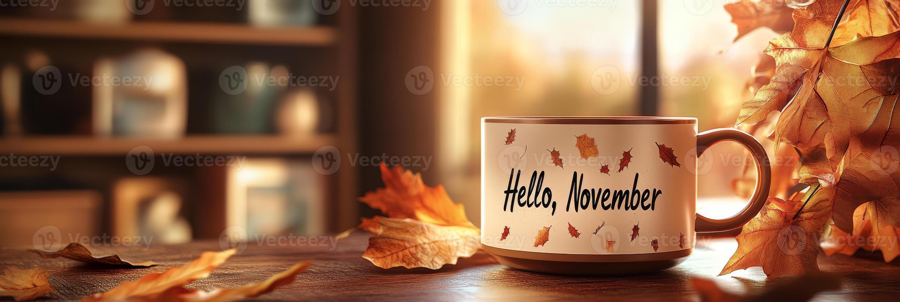 Embrace the Cozy November Vibes with a Warm Cup of Coffee and Colorful Autumn Leaves photo
