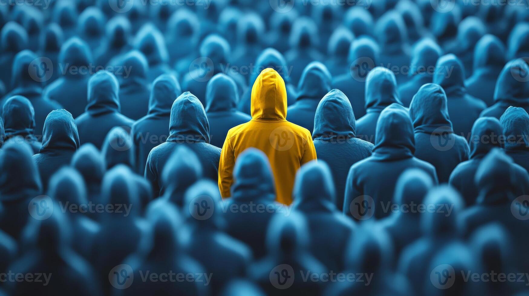 A single, bright yellow figure stands out remarkably against a vast sea of blue figures, powerfully symbolizing individuality and uniqueness amidst a backdrop of conformity and sameness photo