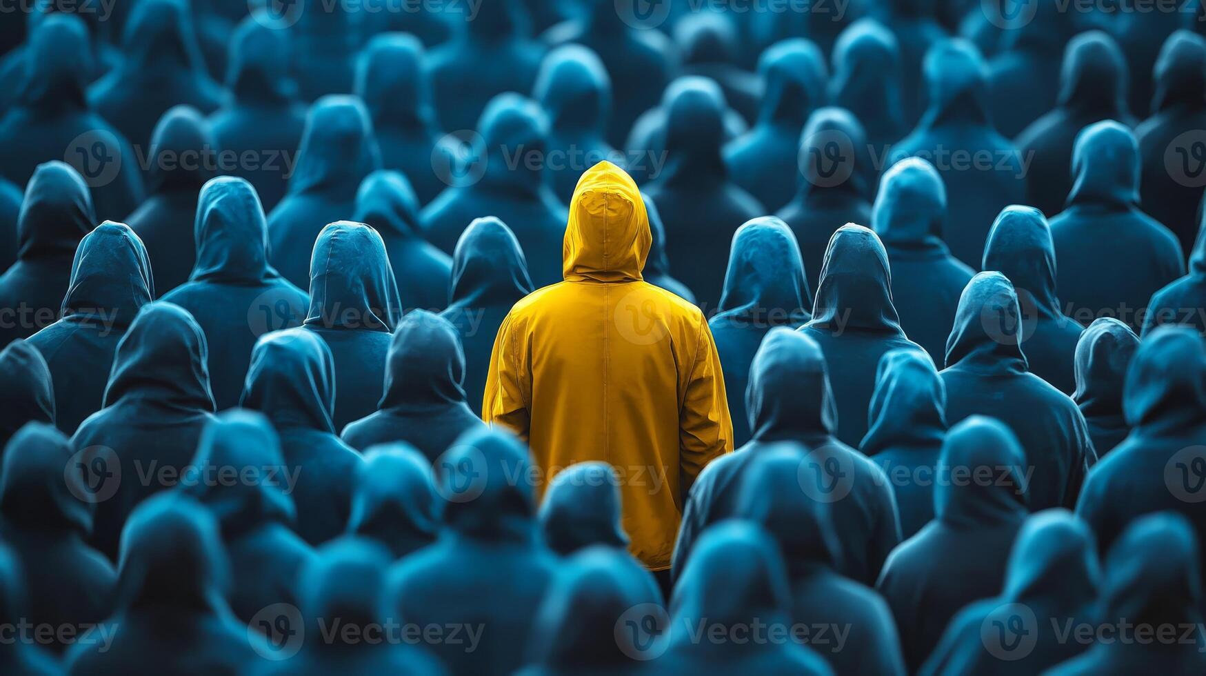 A bright yellow figure stands out in a sea of blue figures, highlighting individuality in a homogeneous crowd and emphasizing the importance of selfidentity in a conformist environment photo