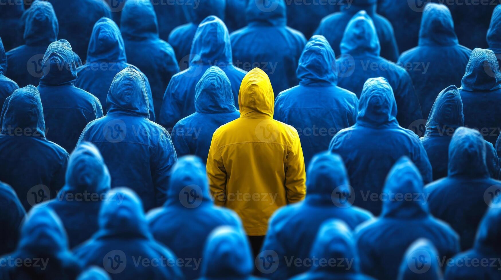In a striking visual contrast, a single vibrant yellow figure stands out brightly against a sea of blue figures, symbolizing the powerful themes of individuality and uniqueness amidst conformity photo