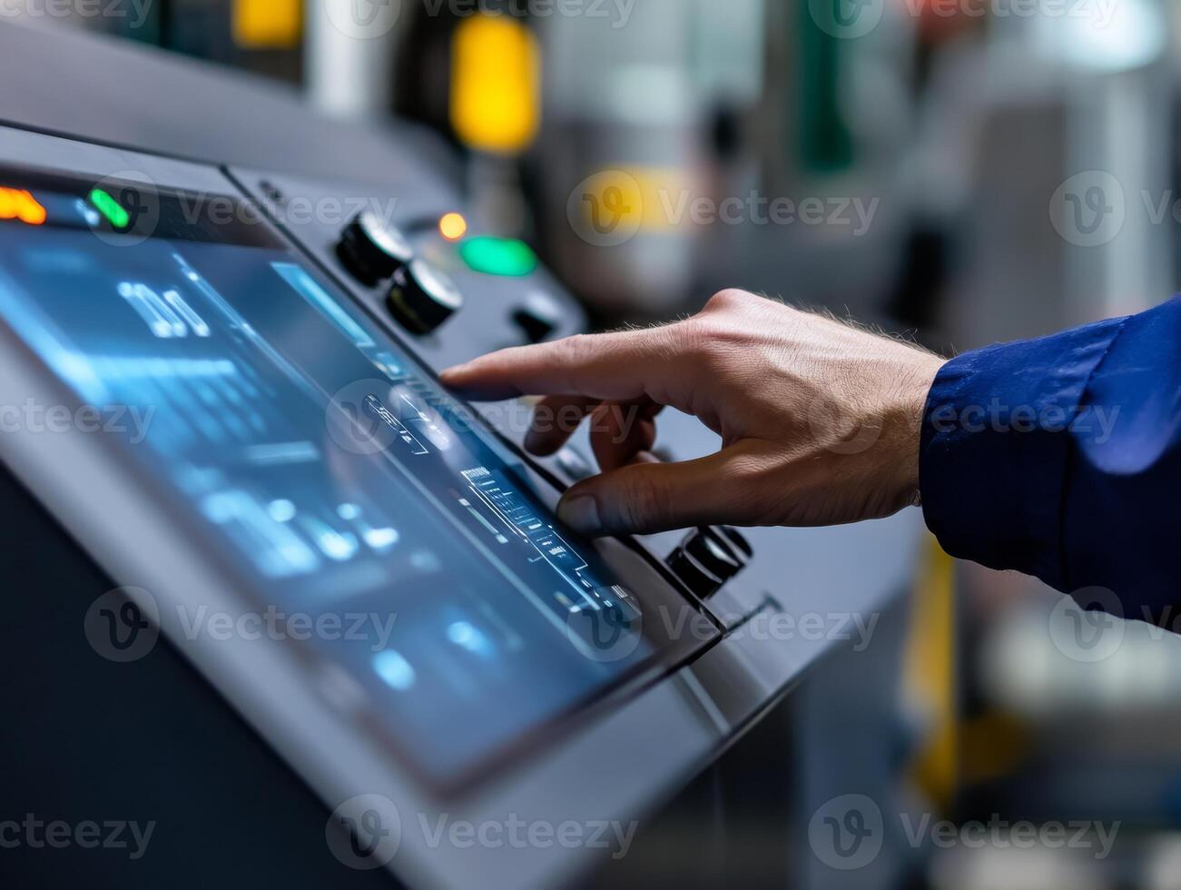 An operator recalibrates machine settings using intuitive touch controls on a userfriendly panel, responding to alerts from connected IIoT sensors to optimize operational efficiency photo