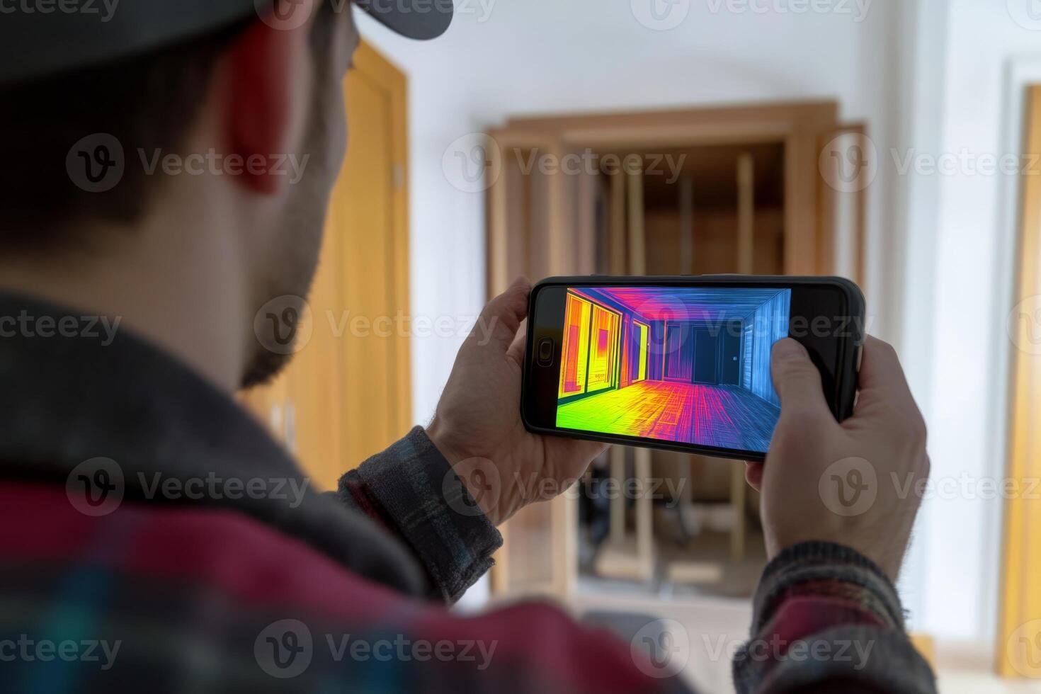 A technician employs a thermal imaging camera on a smartphone to identify heat loss in a house, enhancing energy efficiency and comfort photo