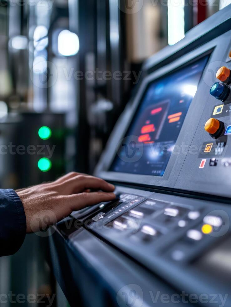 A closeup of a complex machine control panel, where an operator adjusts settings via touch controls and responds to realtime alerts from IIoT sensors monitoring performance and efficiency photo
