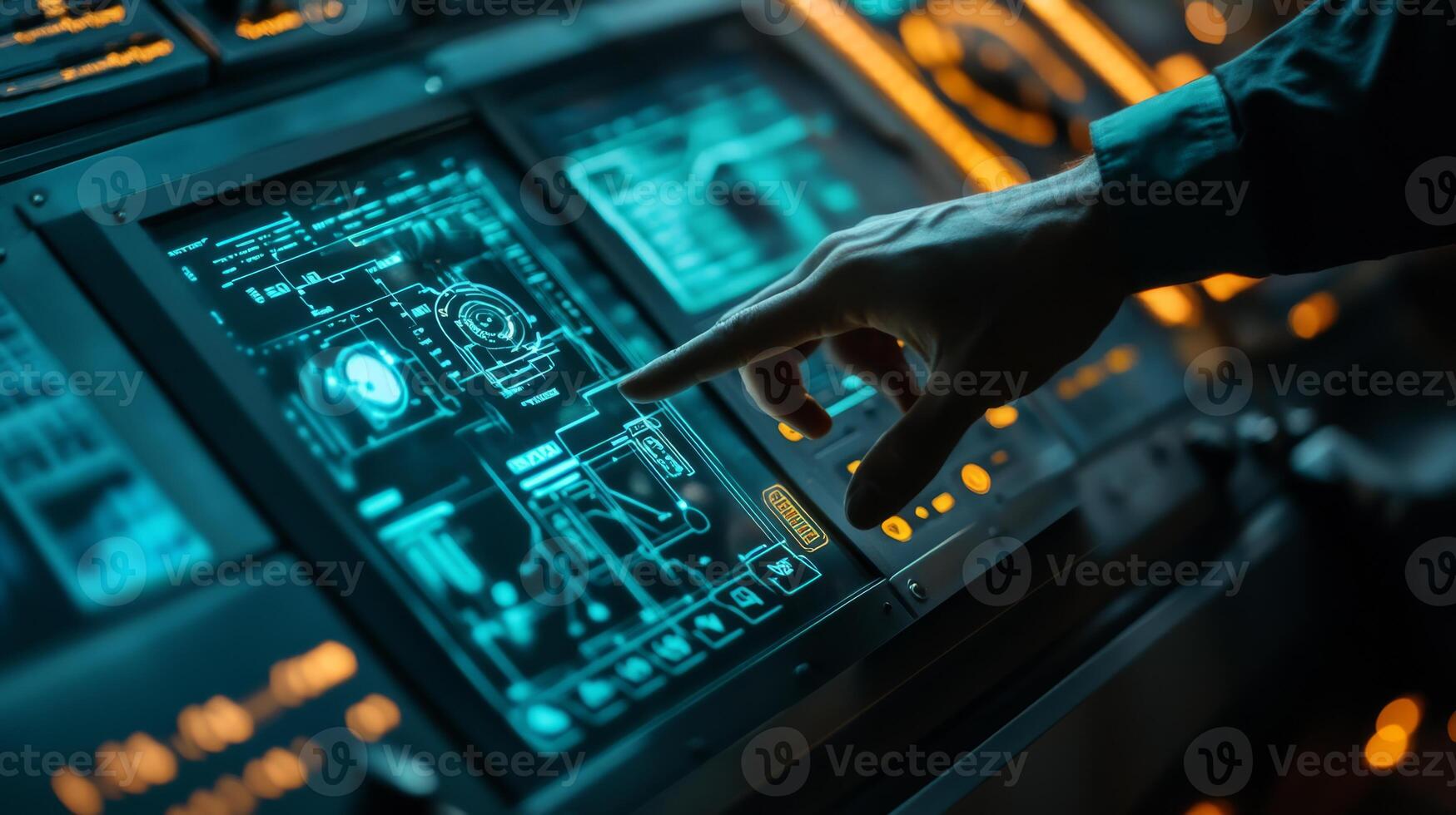 An experienced operator skillfully navigates a control panel, using touch controls that respond to alerts from IIoT sensors indicating potential machinery issues or malfunctions needing attention photo