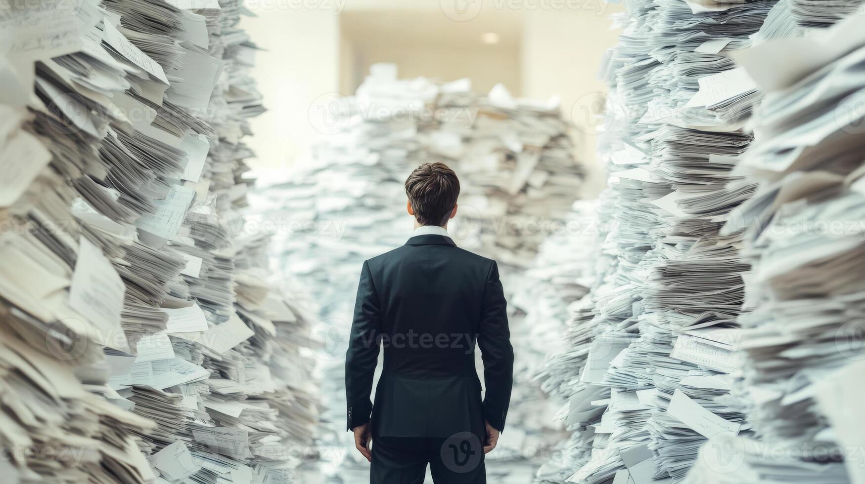 A man in a formal suit stands among chaotic piles of disorganized documents, symbolizing the overwhelming nature of bureaucracy and the daily challenges of excessive paperwork at work photo