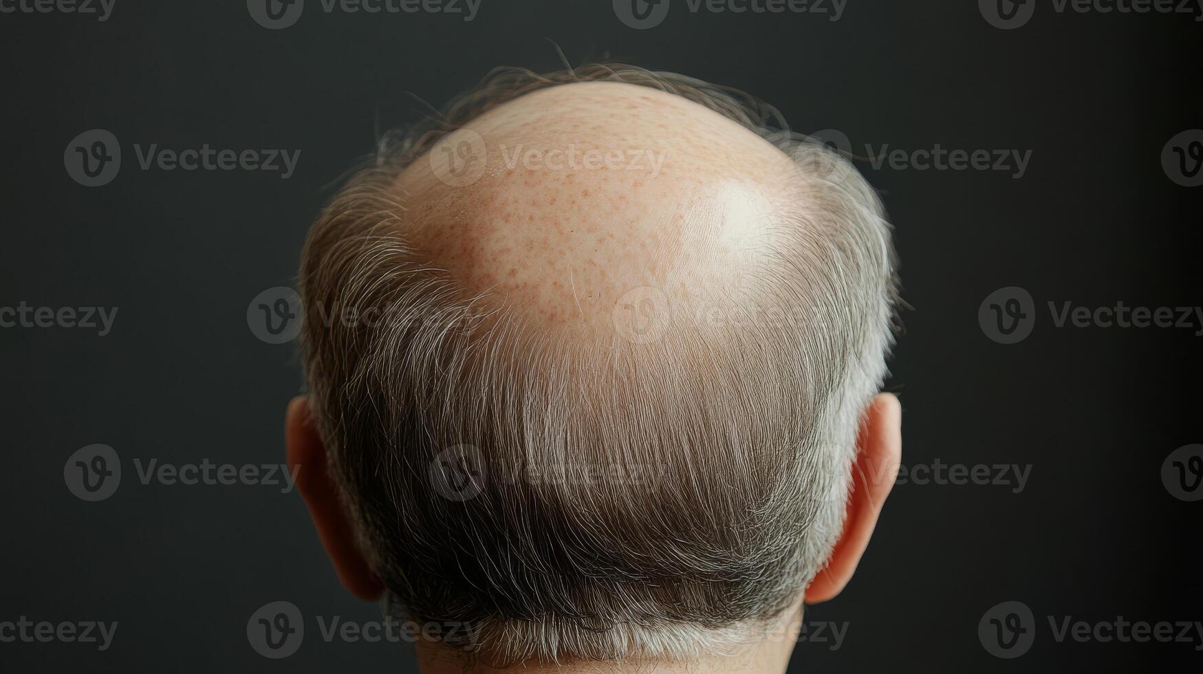 The illustration shows a bald man from the back. Baldness, linked to aging and genetics, affects physical appearance, selfesteem, and confidence, especially in social settings where looks matter photo