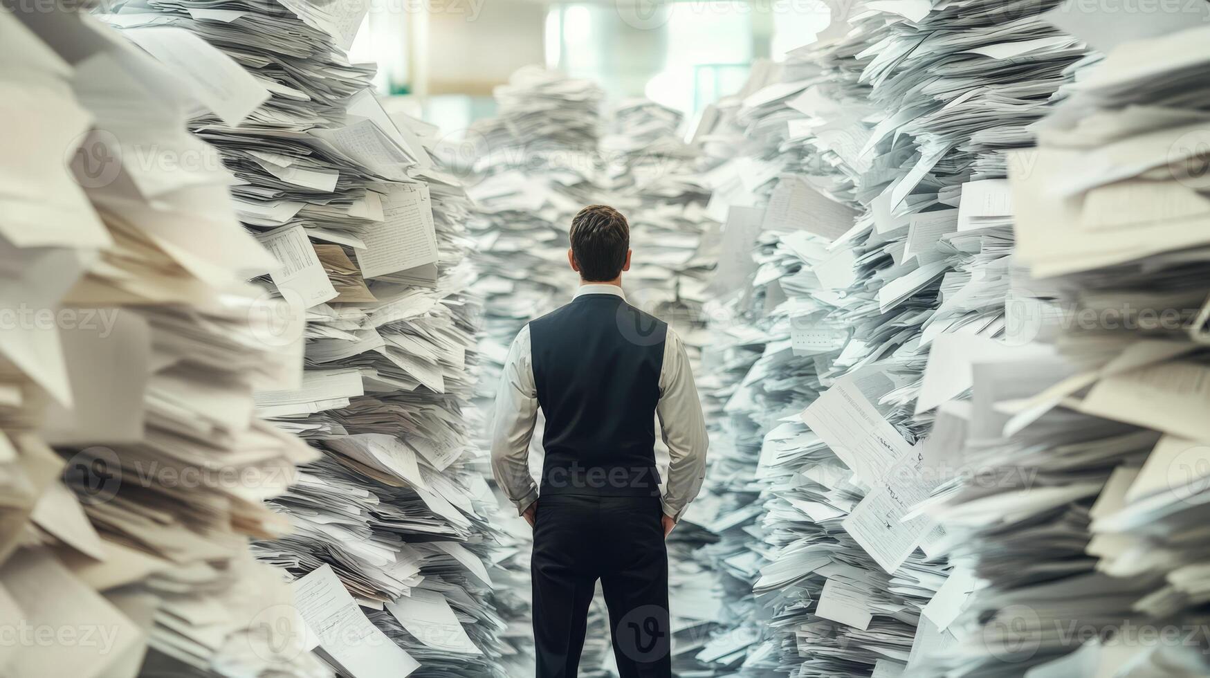 In a cluttered office setting, a man embodies the relentless bureaucracy and formidable pressures of modern work life, effectively highlighting the numerous challenges individuals confront daily photo