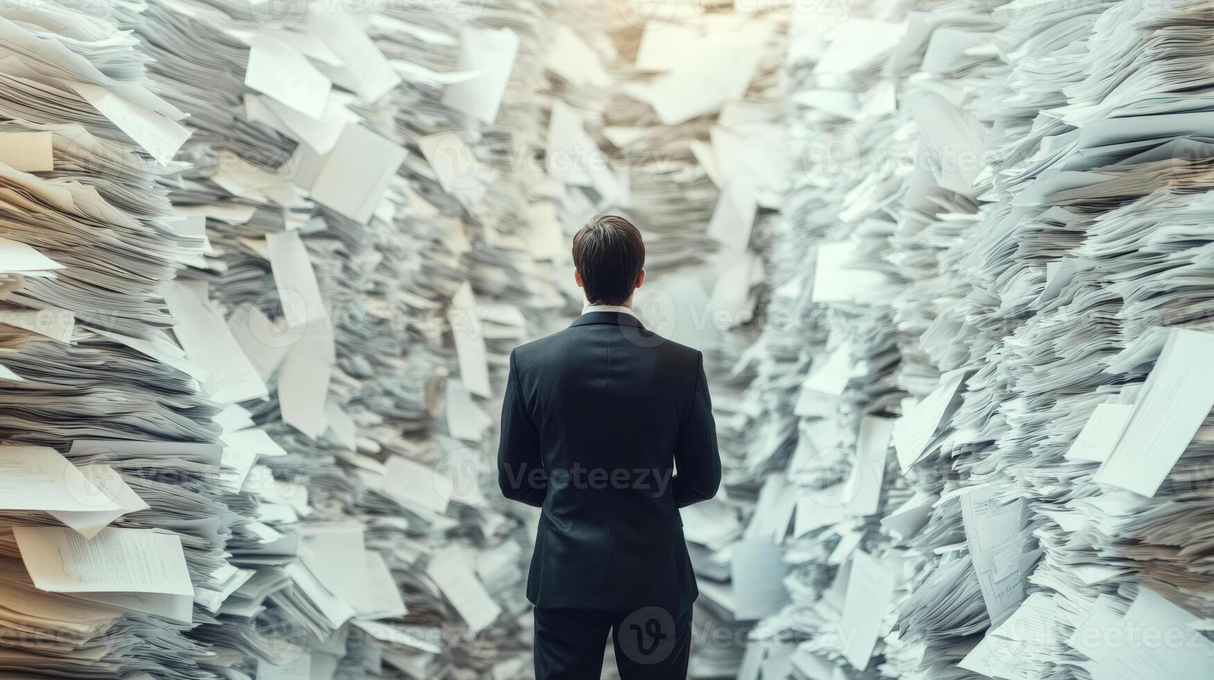 A businessman dressed in a formal suit stands amidst a chaotic array of scattered papers, which symbolize the immense stress and complexity of modern bureaucracy that many individuals face today photo