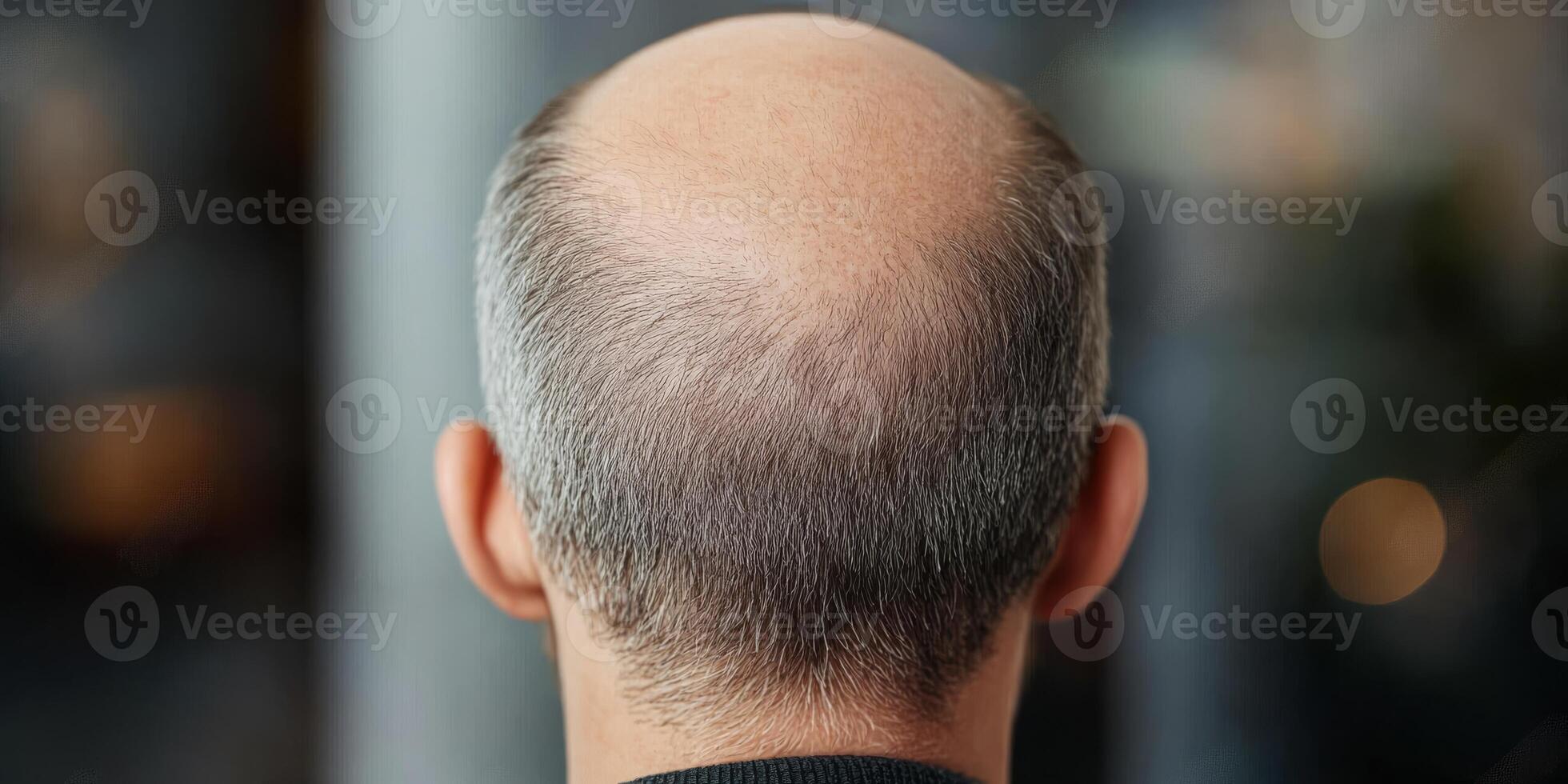 This image provides a closeup of a balding man from behind, highlighting his hair loss and scalp condition, illustrating the natural aging process many individuals undergo throughout life photo
