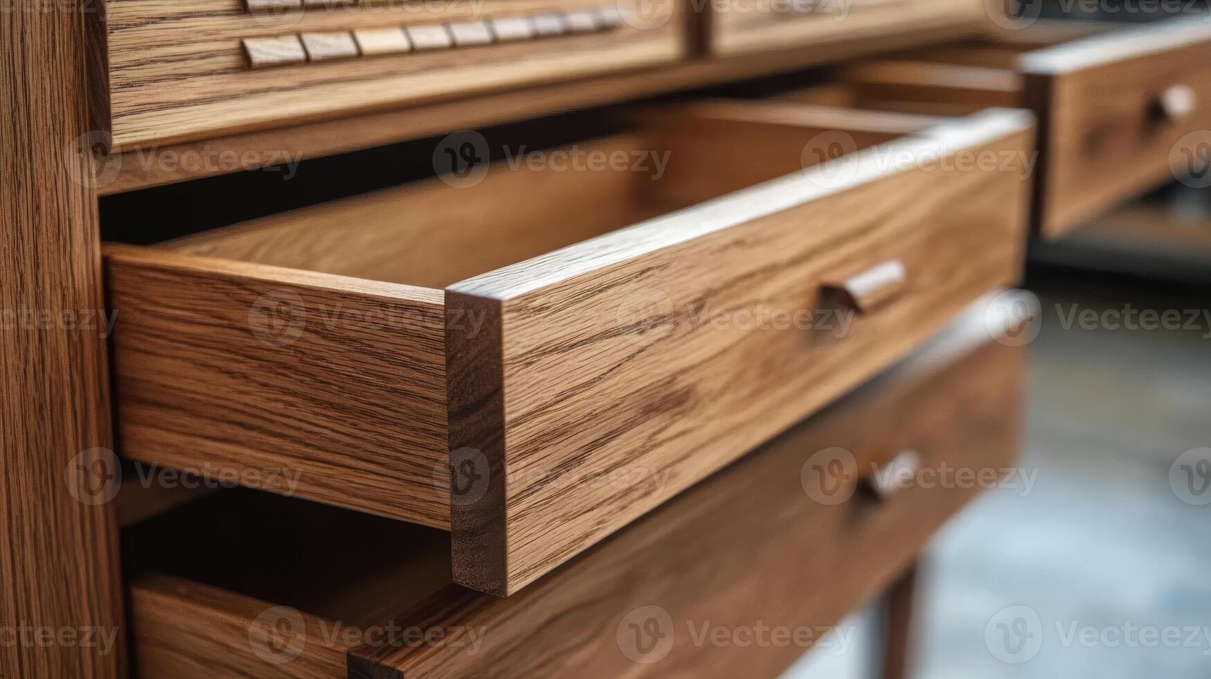 A closeup view of a beautifully crafted wooden drawer, showcasing intricate dovetail joints and warm wood tones that truly epitomize the essence of highquality construction and design excellence photo