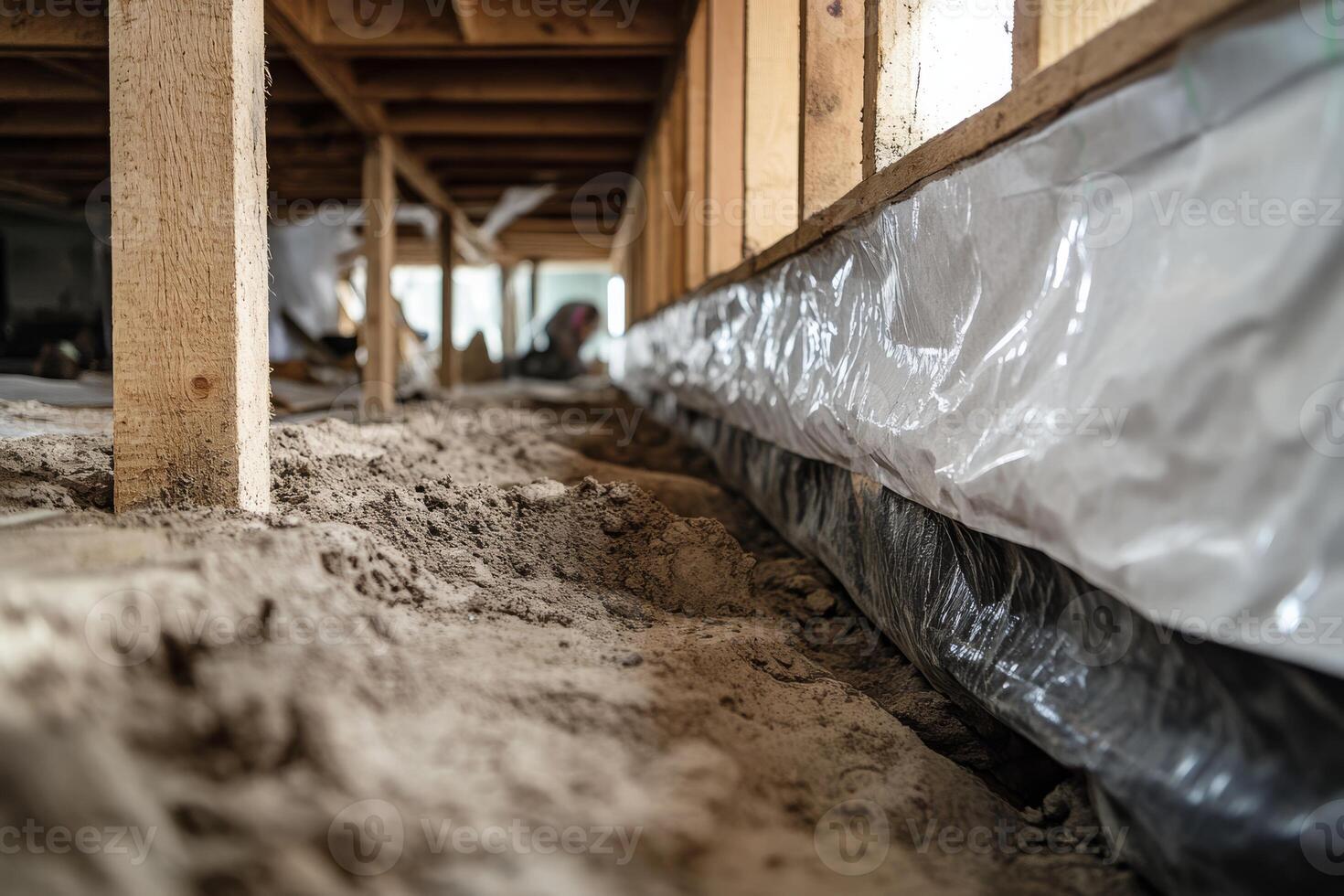 This image effectively highlights a crucial vapor barrier installed in a crawl space, which is essential for preventing unwanted moisture intrusion and ensuring the overall integrity of the structure photo