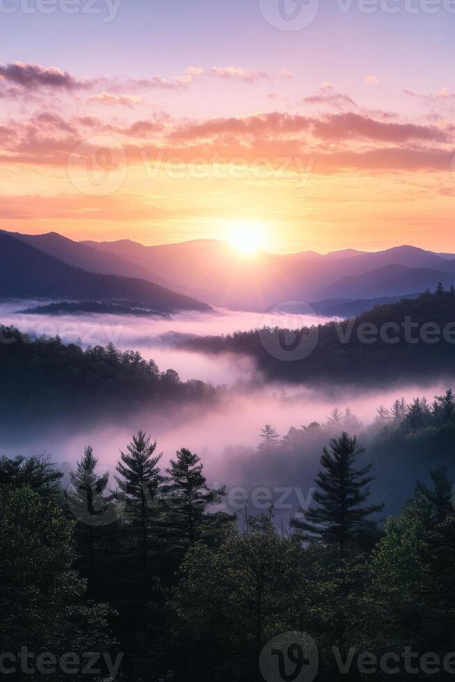 A peaceful sunrise bathes misty mountains and lush forests in soft pastel colors, blending into the sky, creating a tranquil scene that soothes the soul and provides a sense of calm photo