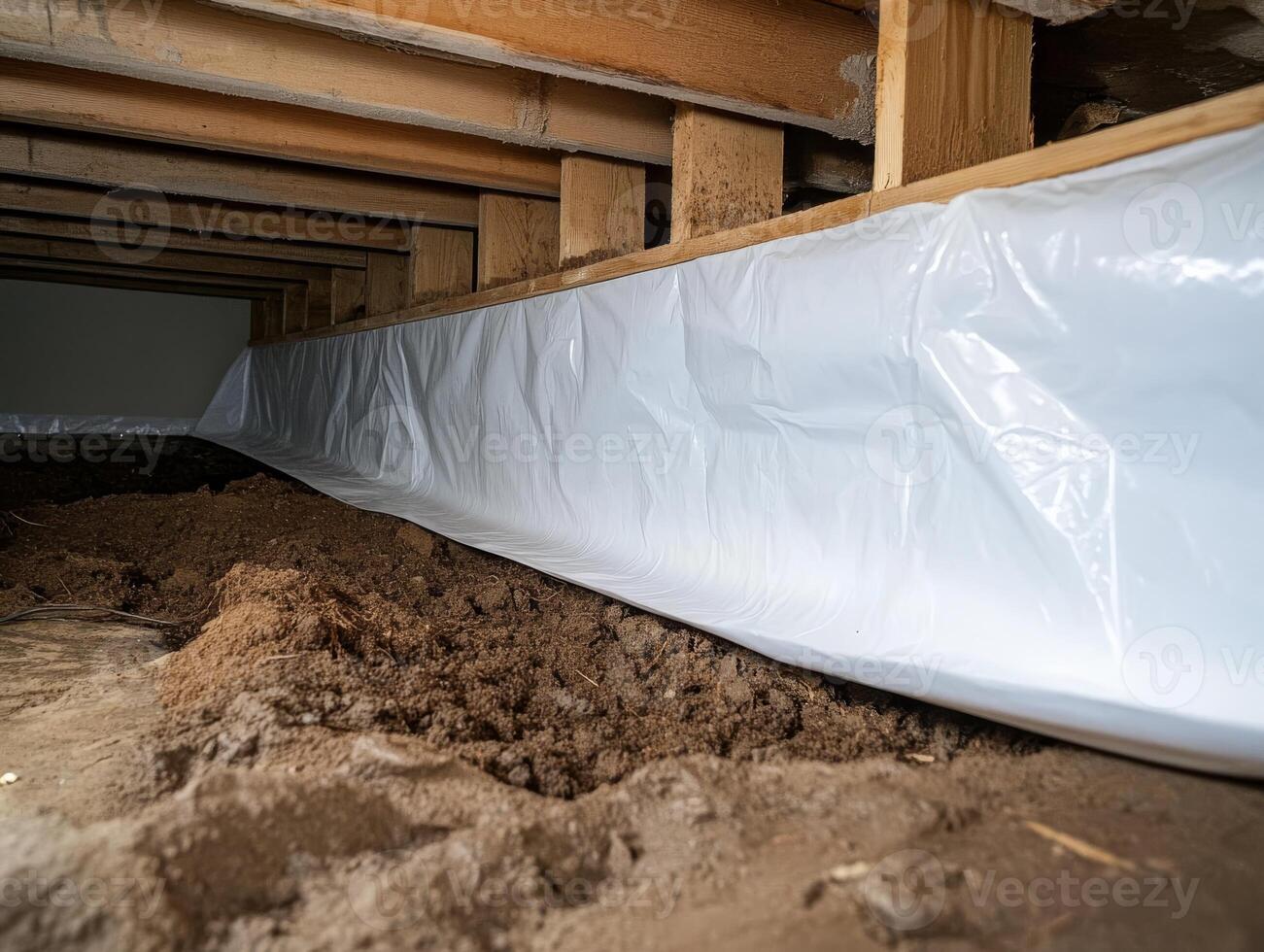 A vapor barrier in a crawl space is crucial for preventing moisture intrusion from damp earth, protecting your homes foundation photo