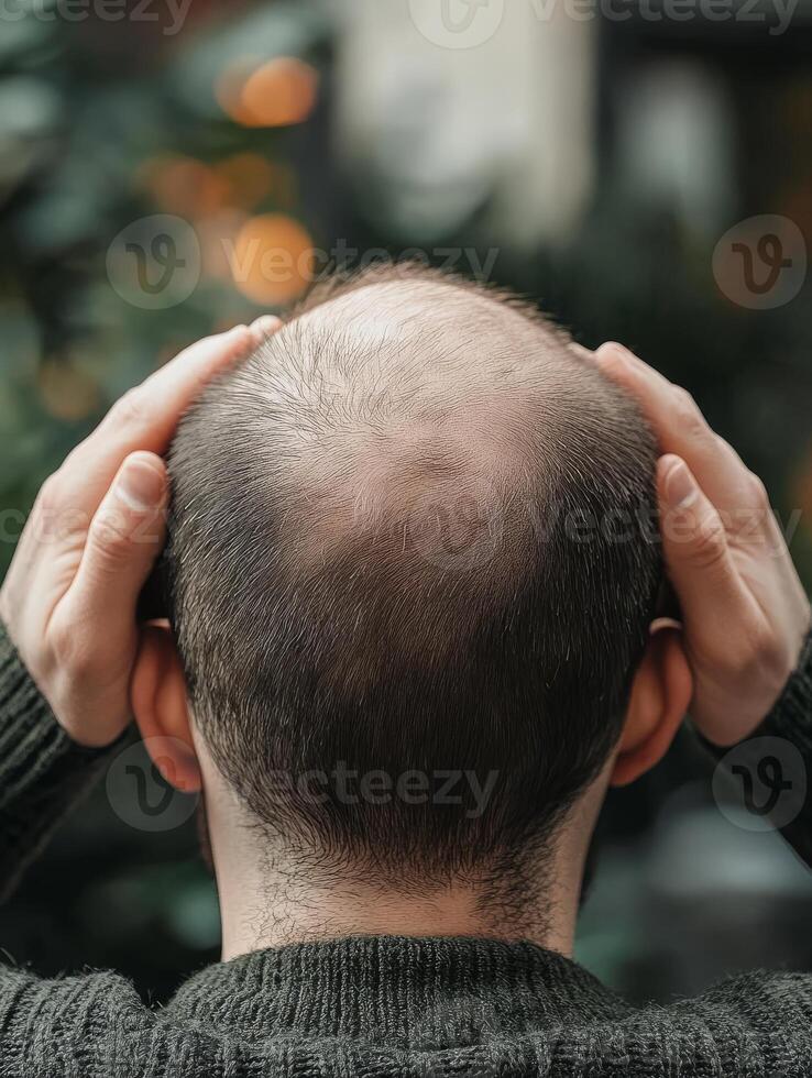 This thoughtprovoking image portrays a bald man as seen from the back, emphasizing the profound emotional impact that hair loss can create in various everyday situations we encounter in life photo