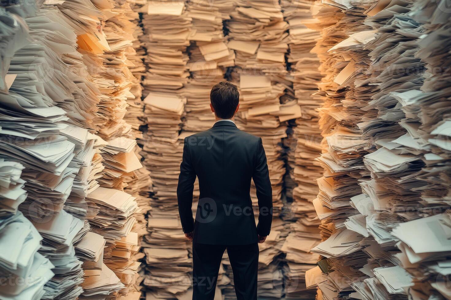 A man stands amidst towering and chaotic piles of documents, which highlights the overwhelming nature of bureaucracy and the heavy workload often encountered in a demanding professional environment photo
