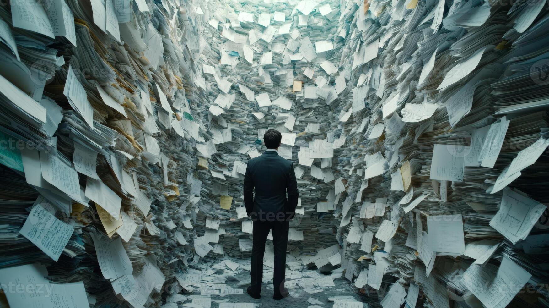A solitary man stands in a cramped space, surrounded by chaotic stacks of disorganized papers, symbolizing the heavy burden of overwhelming documentation and the chaos of bureaucracy photo
