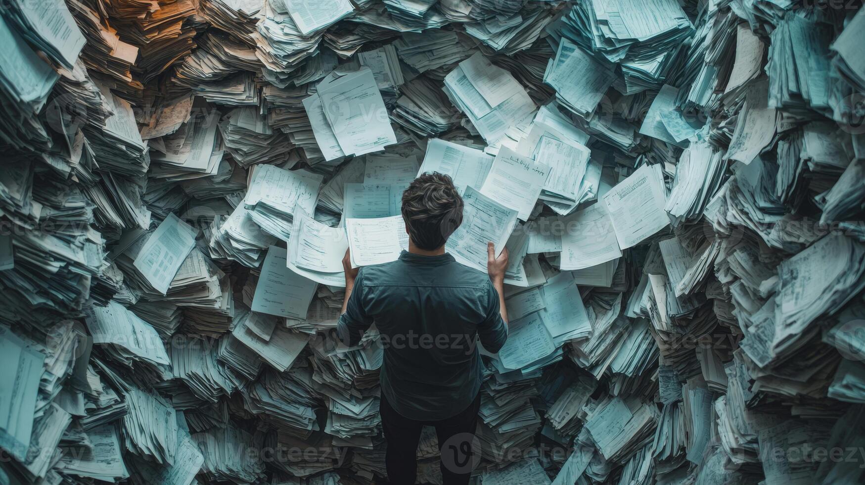 A determined man stands amid chaotic piles of disorganized papers, symbolizing the burden of excessive paperwork and his battle against inefficiency in a pressurefilled work environment photo