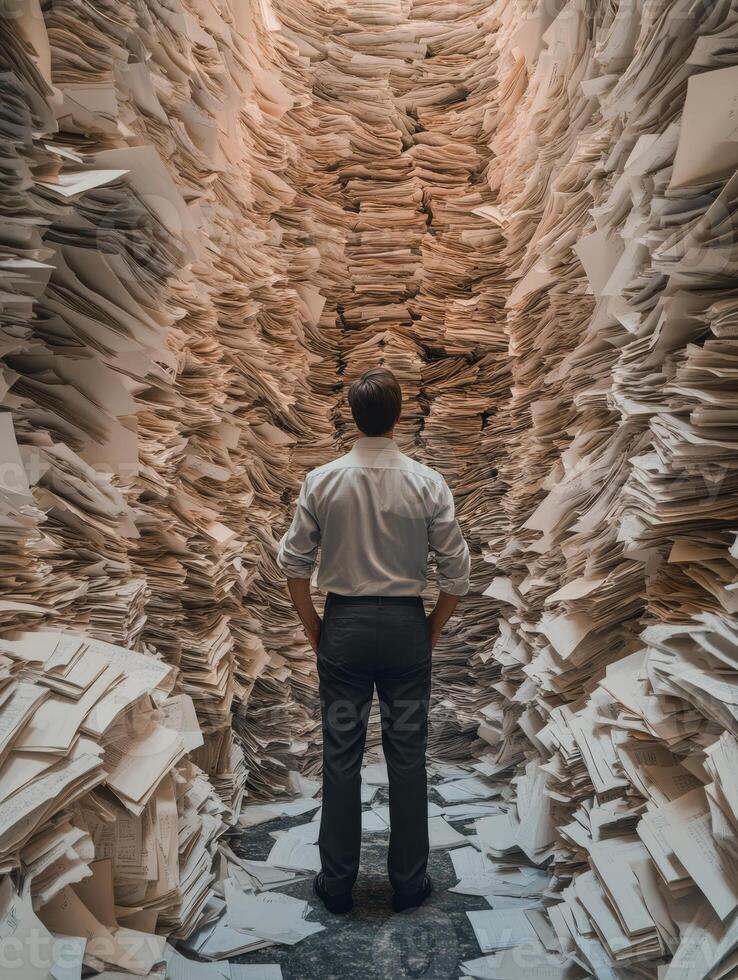 A solitary man stands in the dimly lit corridor filled with towering piles of paperwork, deeply reflecting on the overwhelming bureaucracy and the constant information overload that he faces daily photo