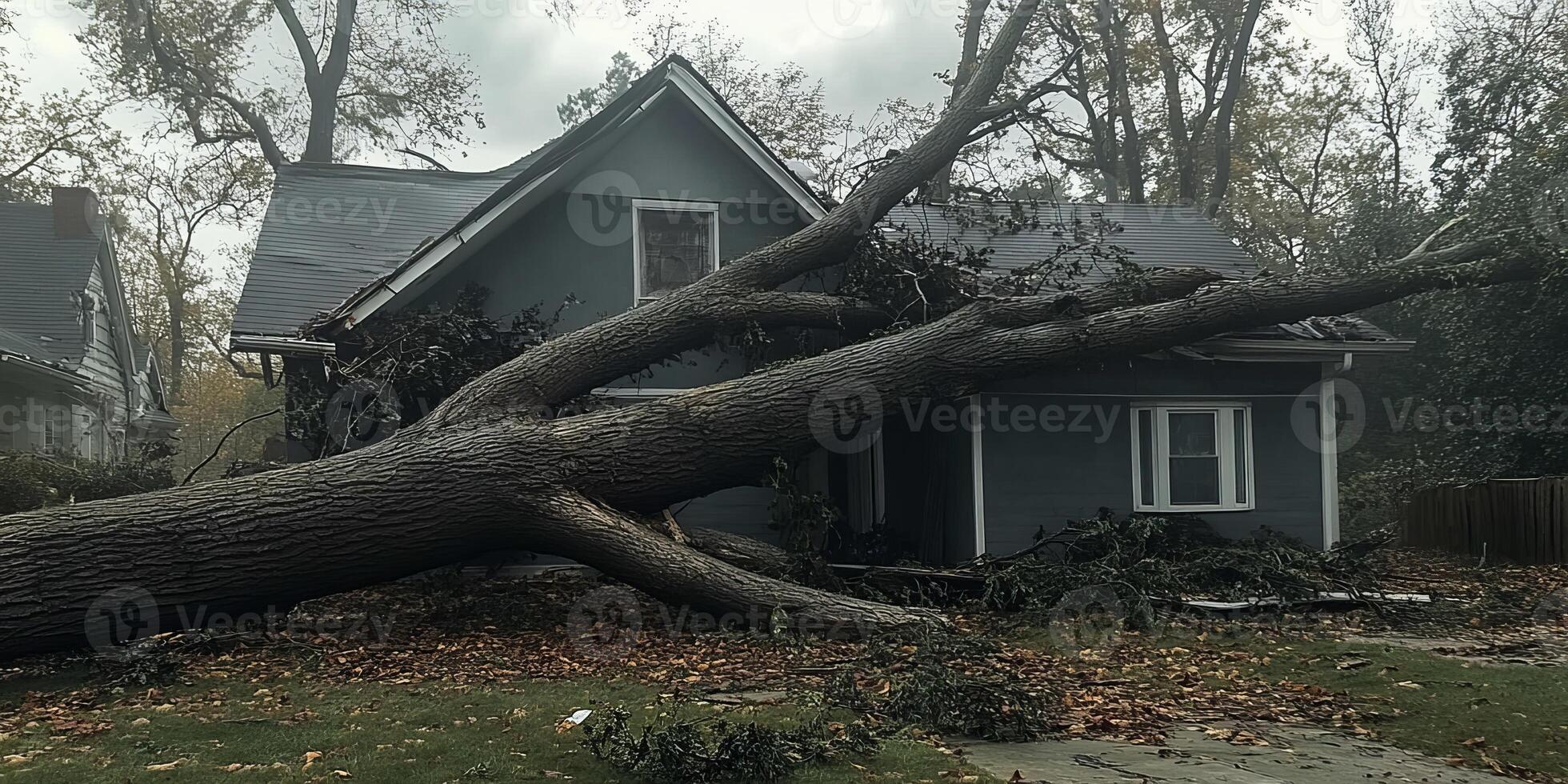 A massive tree has fallen on a house following severe weather conditions, causing significant damage and requiring immediate response efforts photo