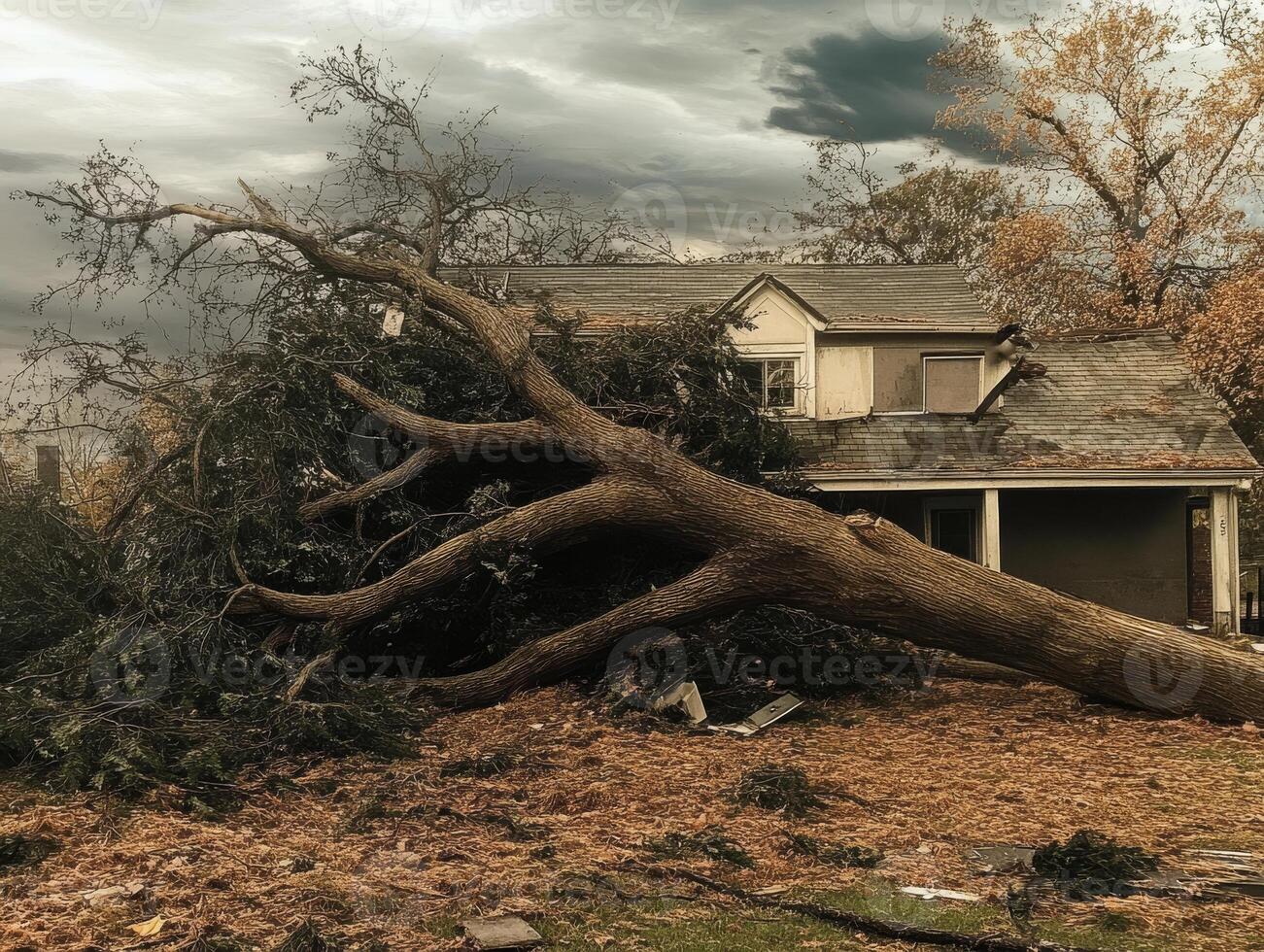 A massive and imposing tree has fallen on a house, dramatically highlighting the extensive destruction caused by a powerful storm and emphasizing the impact of severe, unpredictable weather patterns photo