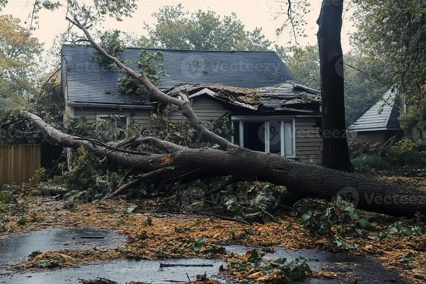 A large fallen tree precariously rests on a home, showcasing the aftermath of a powerful storm. Debris is strewn across the ground, highlighting the urgent need for thorough clearance photo