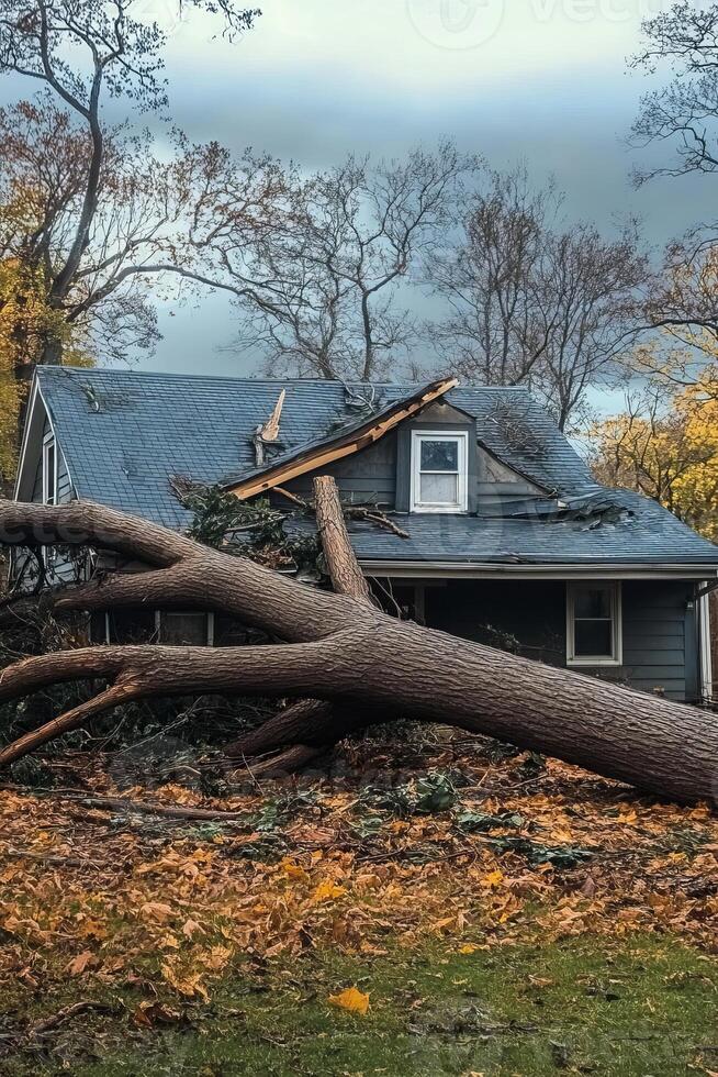 A fallen tree lies across a homes roof, illustrating the severe damage from intense weather. This scene highlights the challenges of storm clearance and the need for effective disaster response photo