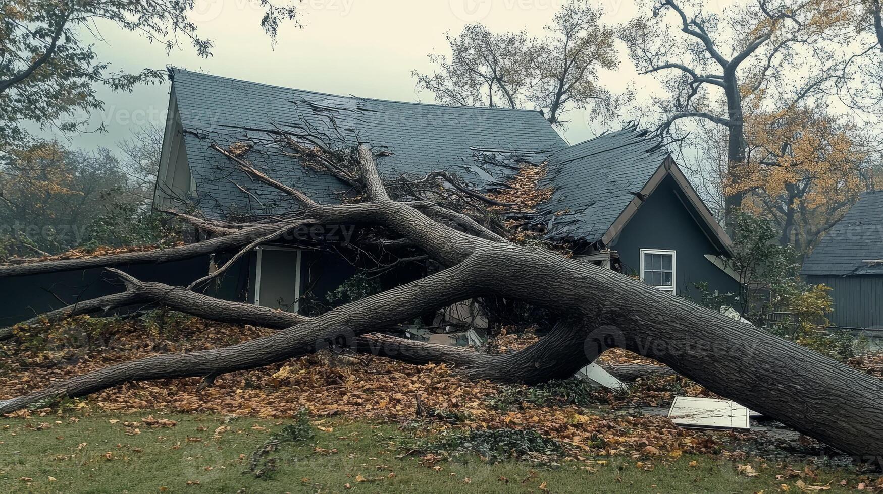 A large tree leaning on a house symbolizes the severe consequences of extreme weather, highlighting the urgent need for effective storm clearance and strong disaster response measures photo