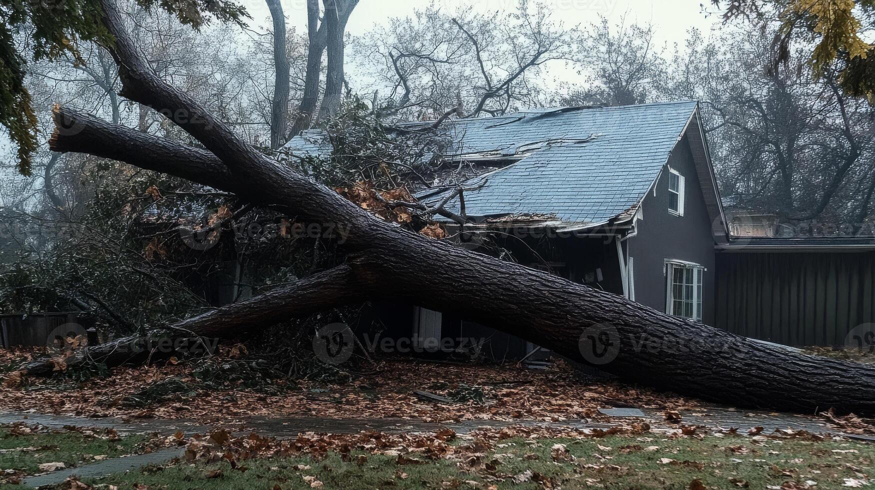 A heavy tree fell on a house during a storm, highlighting severe weathers impact. This incident underscores the need for a quick response to prevent further damage and safety risks photo