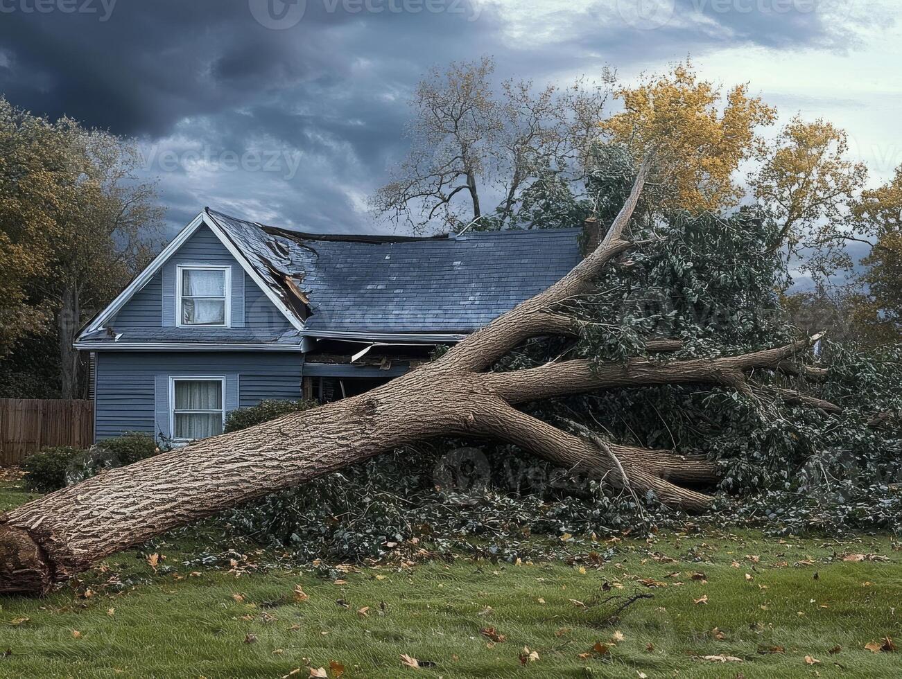 A powerful and destructive storm caused a heavy tree to crash down forcefully onto a house, which highlights the severe and damaging impacts of sudden and often unexpected weatherrelated events photo