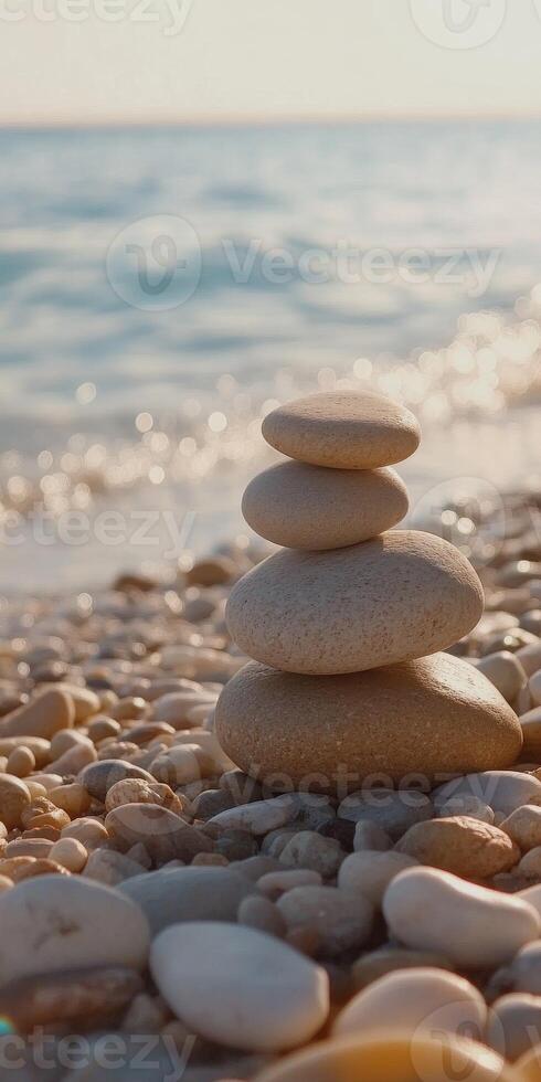 Balanced stones create a tranquil centerpiece on a beach shore photo