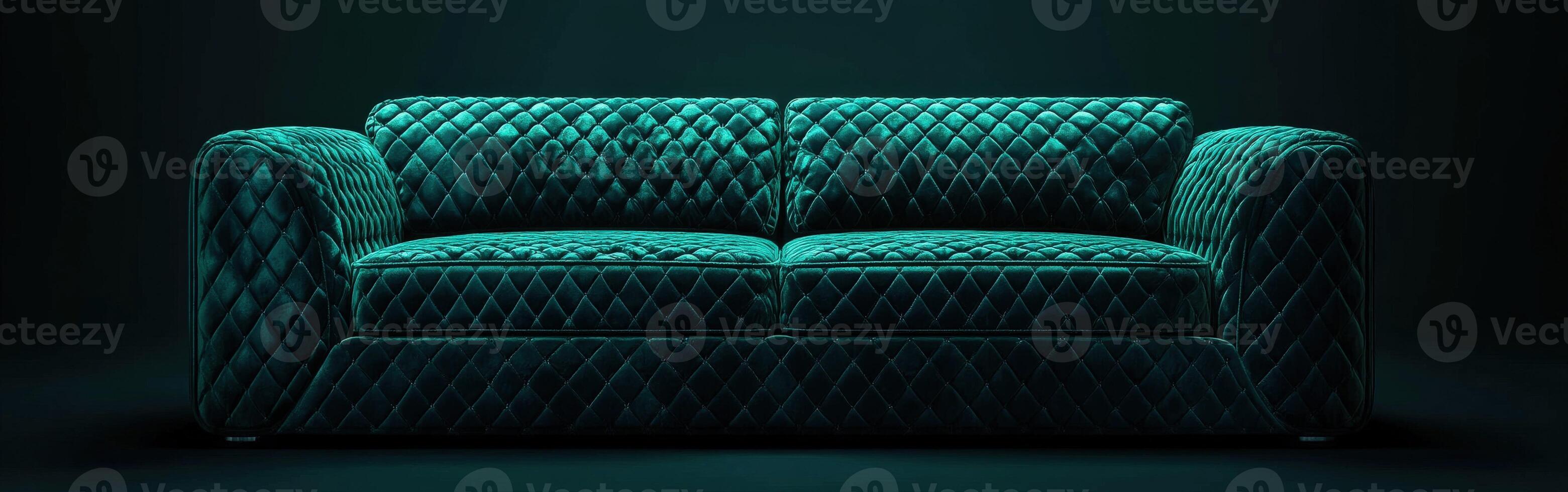 Elegant teal velvet couch with diamond pattern in modern setting photo