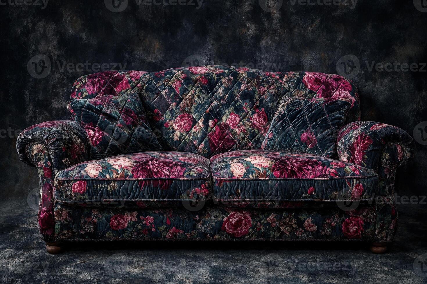 Vintage floral couch in a moody setting with rich textures and colors photo