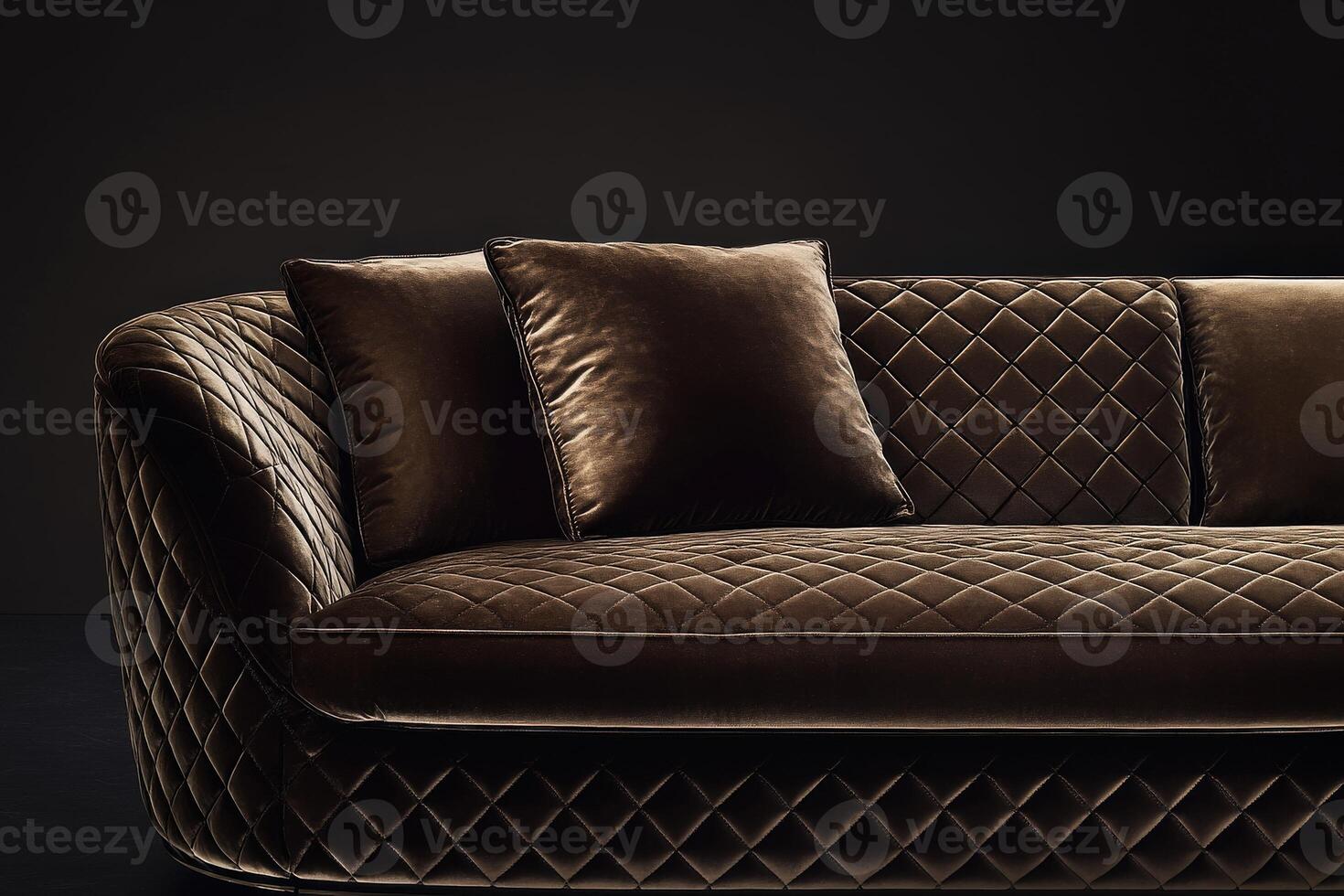 Elegant brown velvet sofa with plush cushions in minimalistic design photo