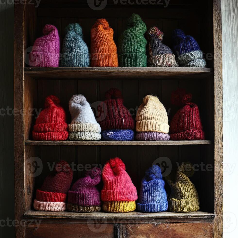 Colorful handmade beanies displayed on a wooden shelf in a cozy setting photo