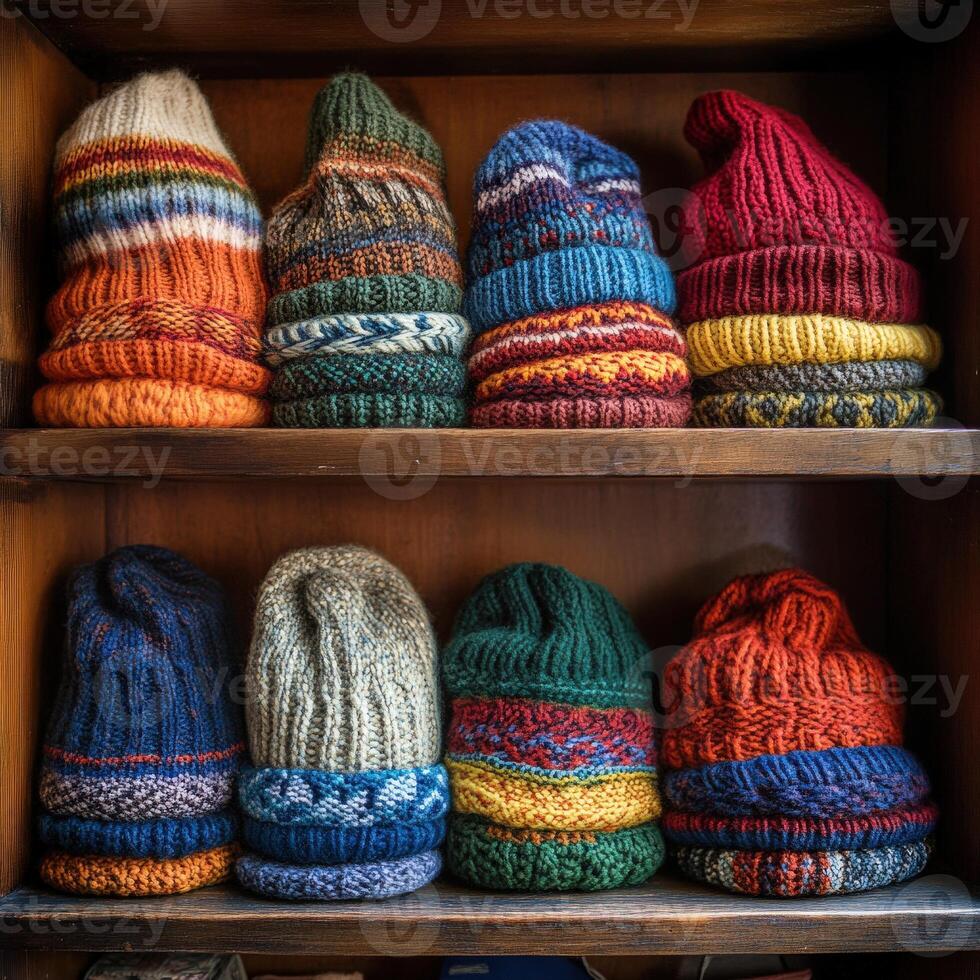 Colorful hand-knit hats neatly displayed on a wooden shelf in winter photo