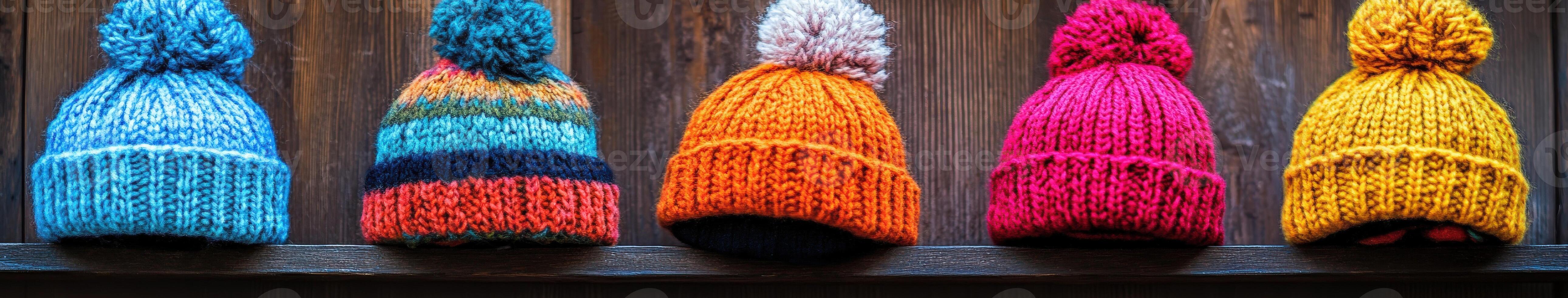 Cozy knitted hats in vibrant colors displayed on a wooden backdrop photo