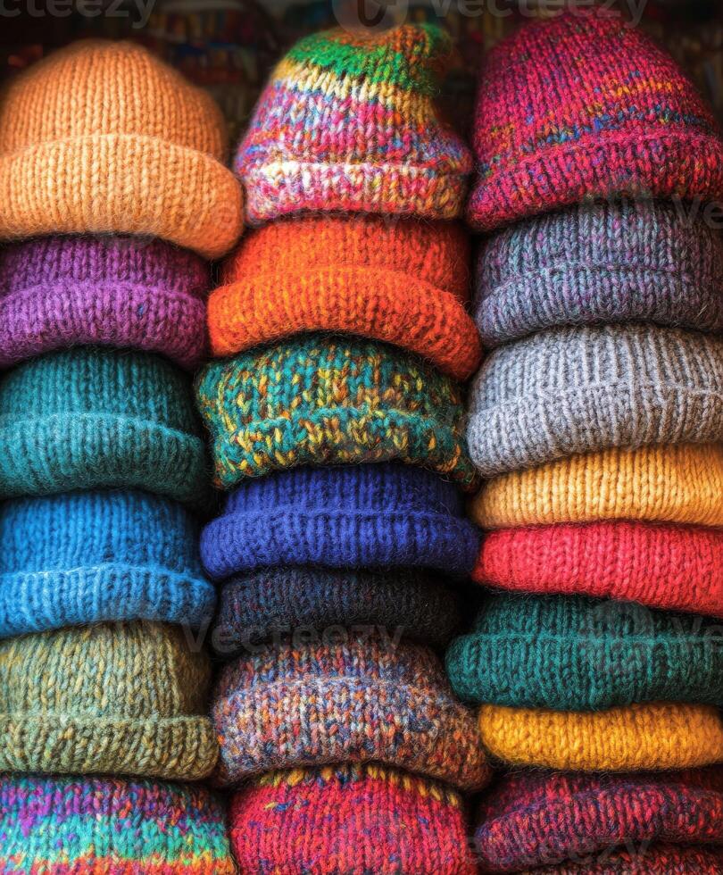 Colorful hand-knitted hats arranged neatly in a cozy shop display photo