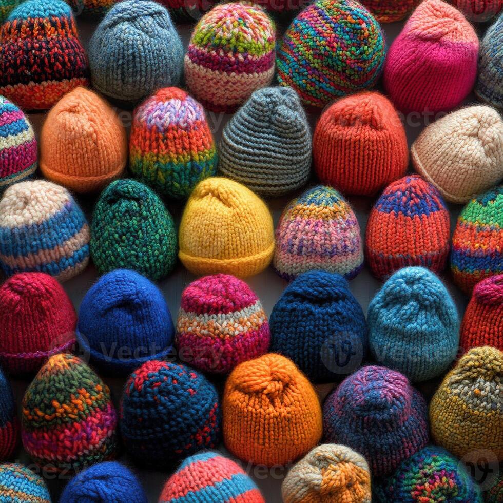 Colorful hand-knit winter hats displayed in an organized pattern photo