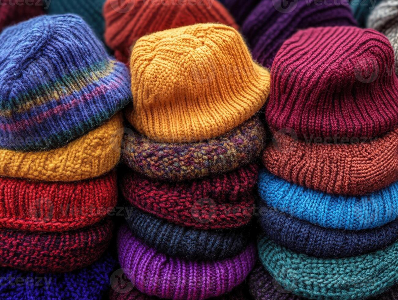 Colorful knitted hats stacked together at a market during winter photo