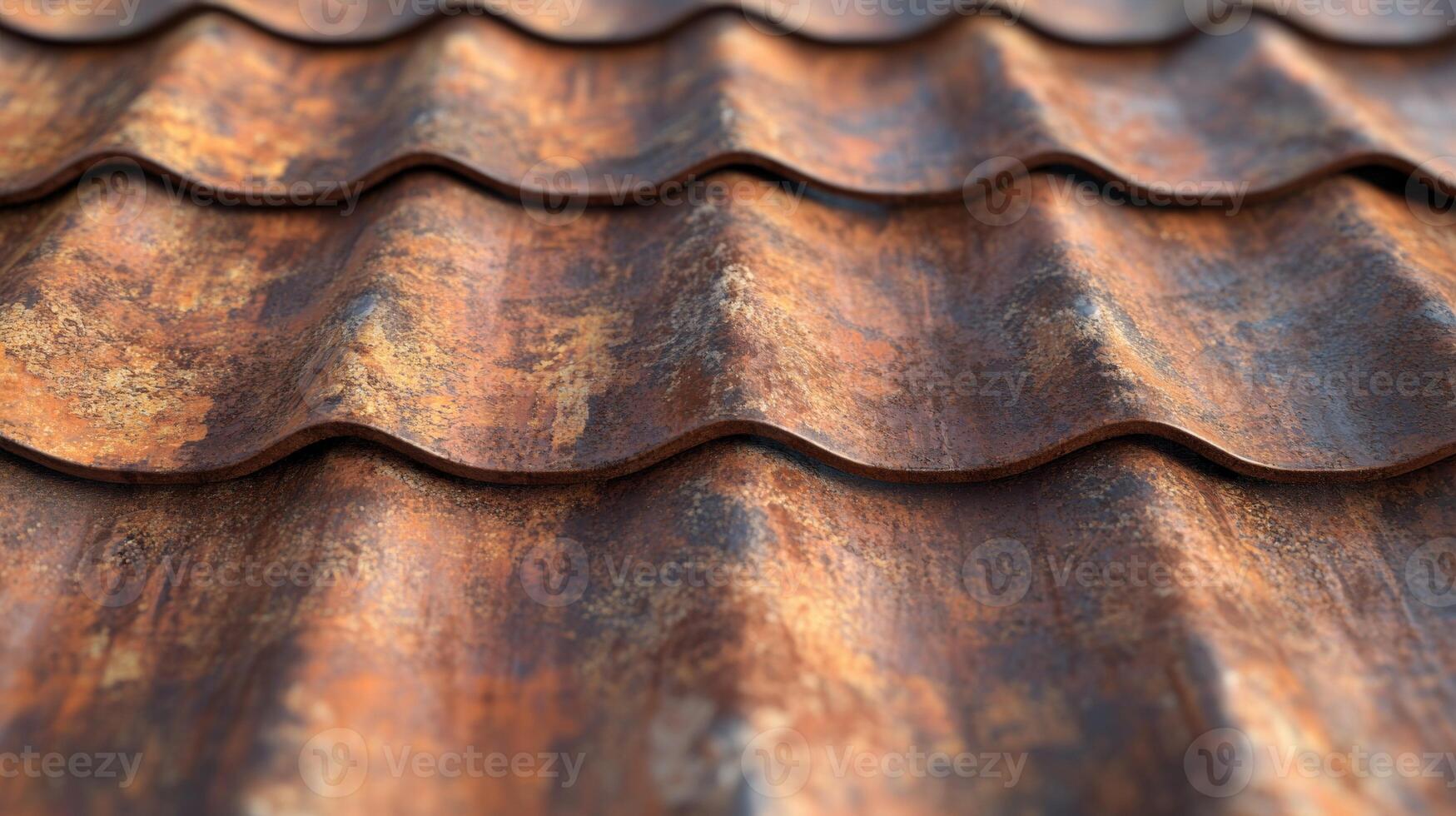 Close-up view of textured metallic roof shingles showing rust patterns photo