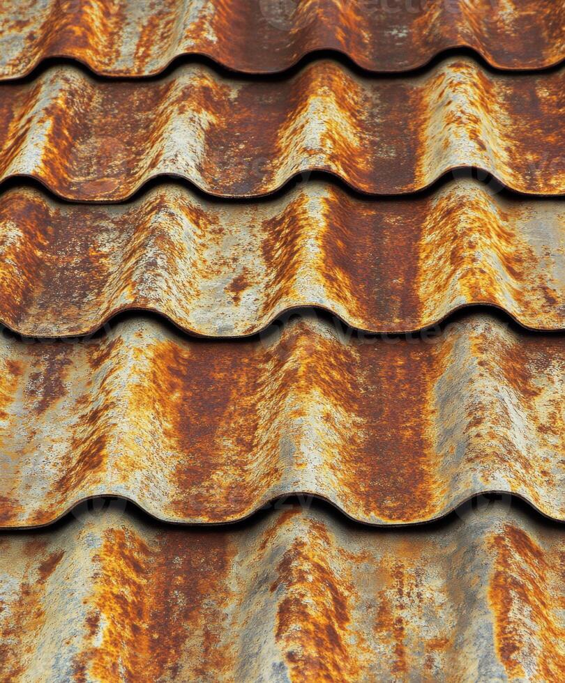 Weathered metal roofing showcases vibrant rust patterns in urban setting photo