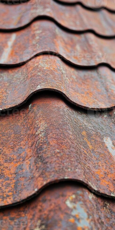 Rusty metal roofing with distinct patterns and texture in close view photo