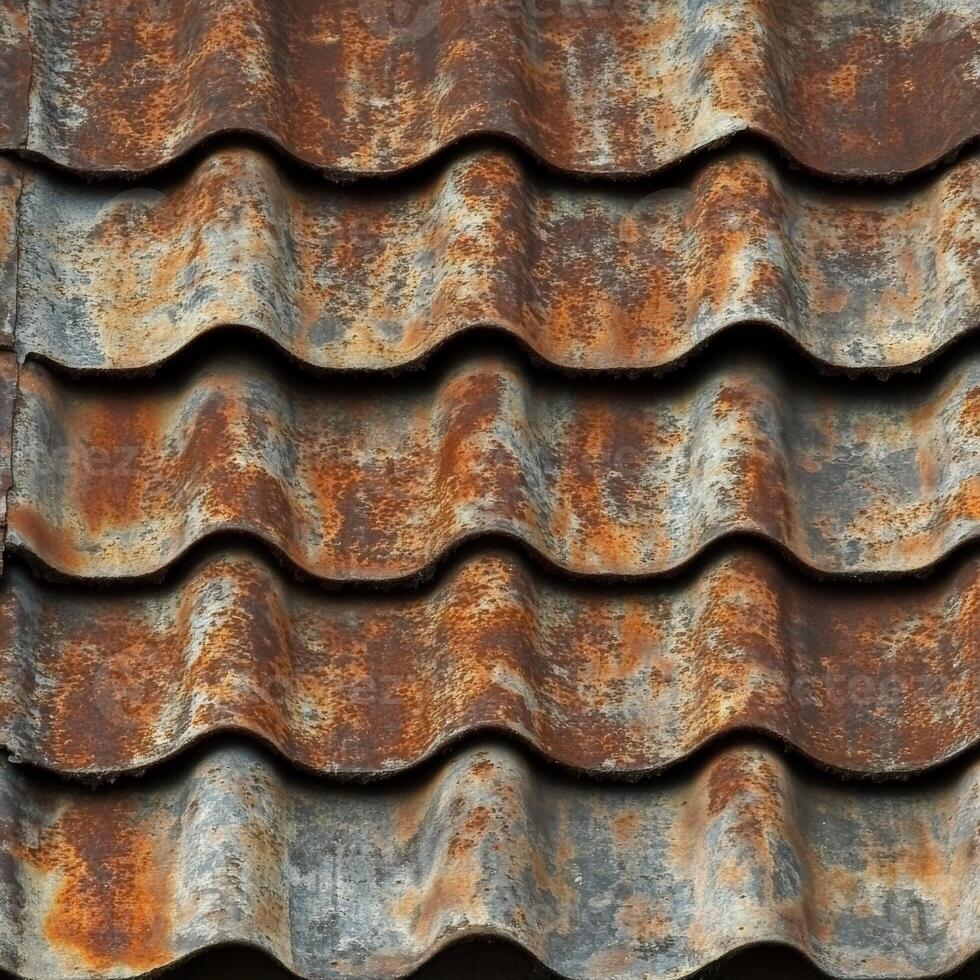 Weathered roof tiles displaying rust and deterioration over time photo