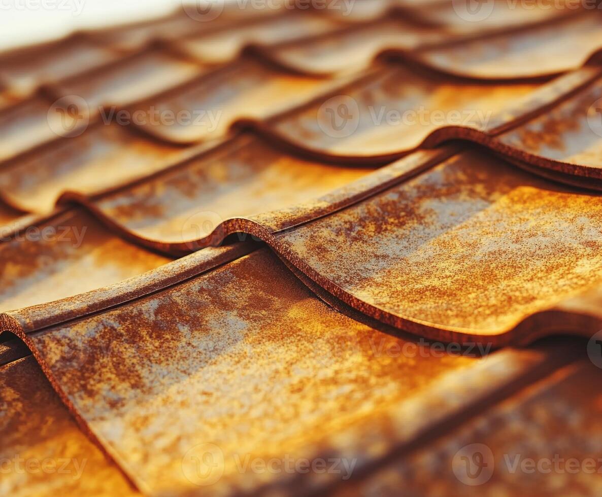 Rusted metal roof tiles glisten under soft sunlight in an outdoor setting photo