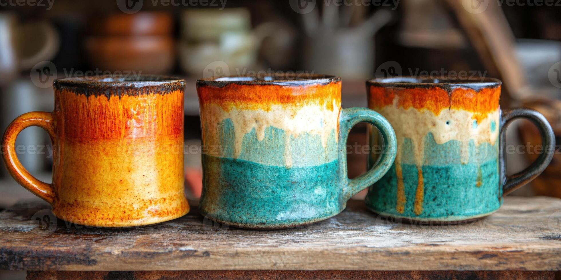 Unique handcrafted ceramic mugs in vibrant colors displayed on a wooden table photo