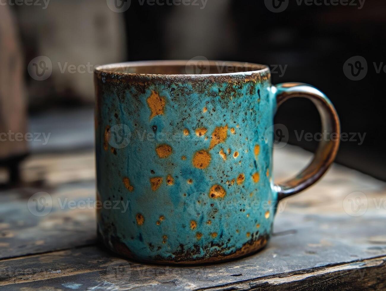 Unique ceramic mug with blue and orange patterns resting on an old wooden table photo