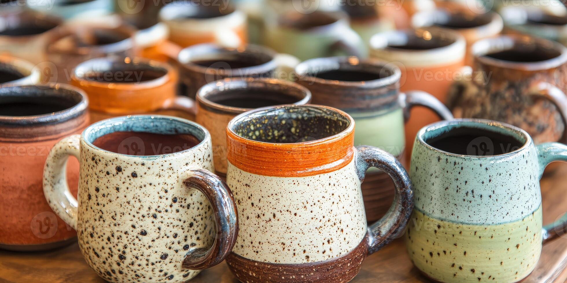 Colorful handmade pottery mugs displayed at a craft market in autumn photo